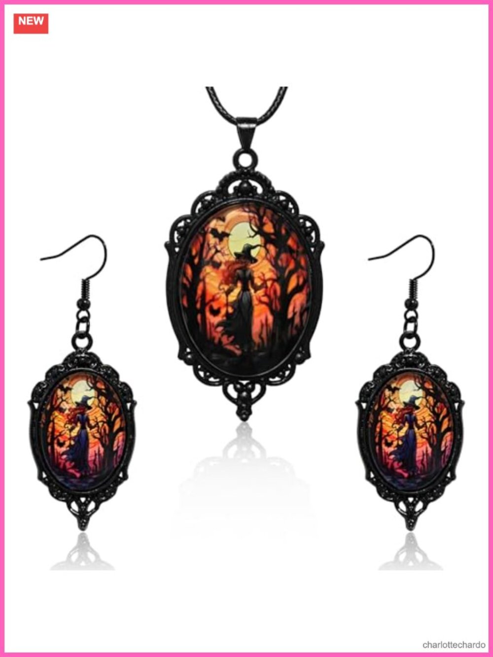 Gothic Bat Glass Pendant Necklace Witch Cameo Jewelry Set with Earrings